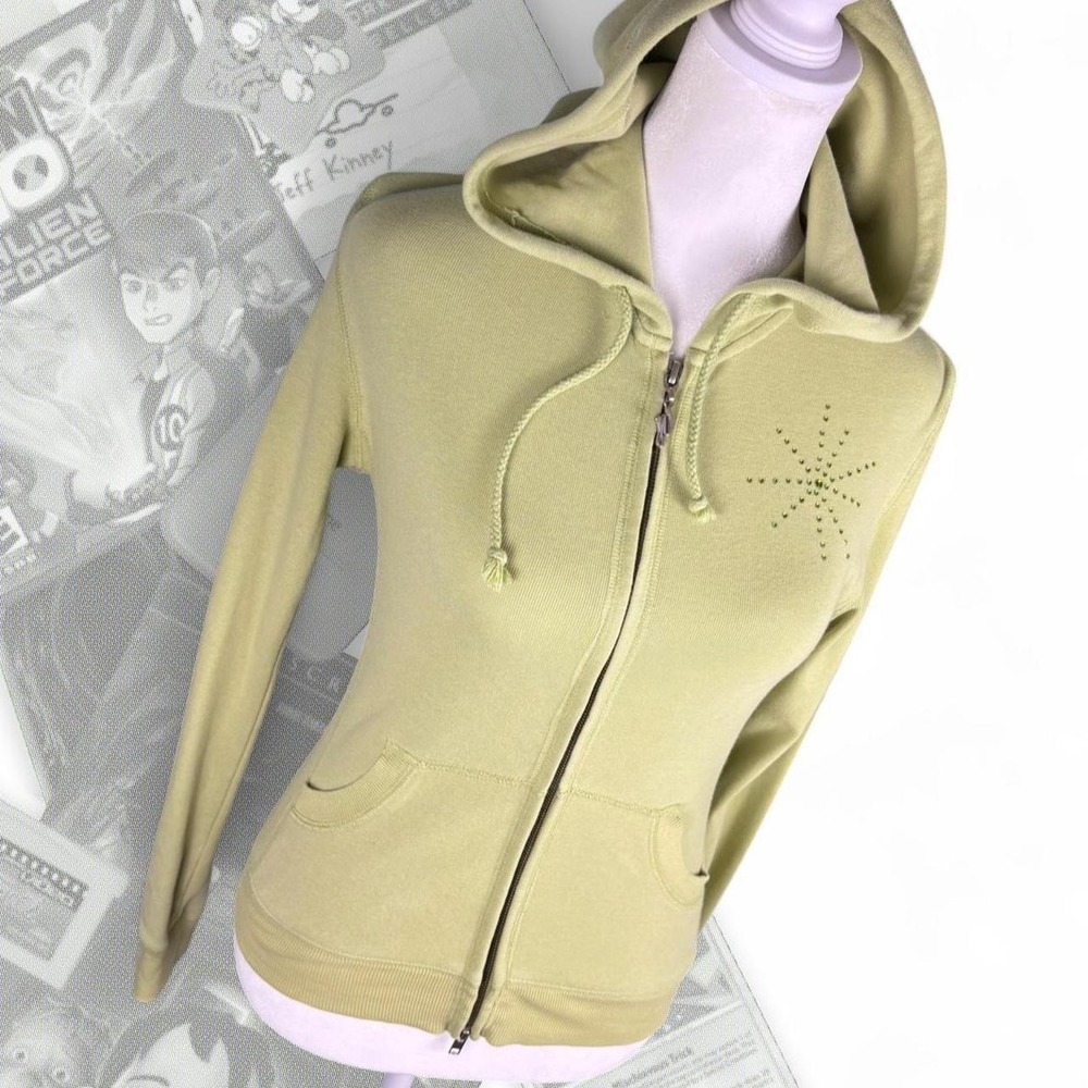 Vintage Y2K Lime Green Babydoll Guess Jeans Rhinestone Zip Up Fitted Hoodie